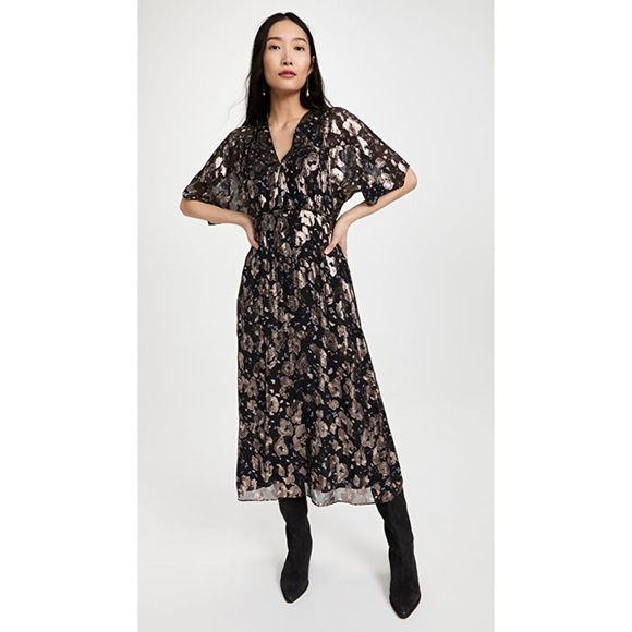 SOLD New BA&SH Lady Dress Floral Metallic Tee Silk Midi V Neck Short Sleeve XS - Picture 3 of 16